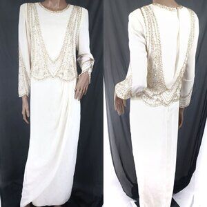 MISS ELLIETTE Dress LS Bead Top Sarong Style Skirt Maxi 16 NOS